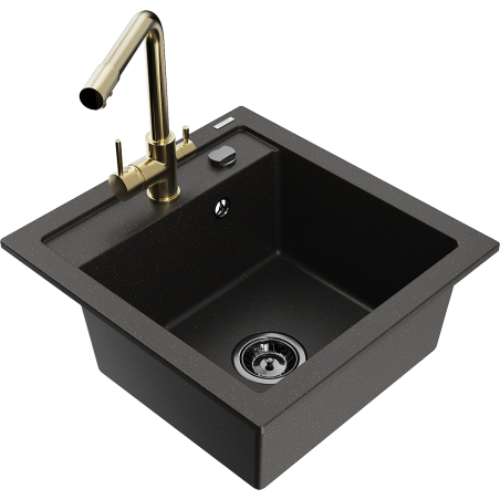 Mexen Vito 1-bowl granite kitchen sink with Duero tap, black/gold metallic - 6503-75-671600-50-B