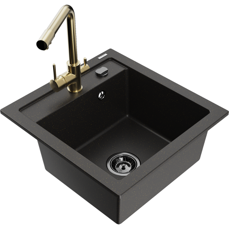 Mexen Vito granite kitchen sink 1-bowl with Duero kitchen faucet, black/gold metallic - 6503-75-671600-50-B