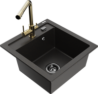Mexen Vito granite kitchen sink 1-bowl with Duero kitchen faucet, black/gold metallic - 6503-75-671600-50-B