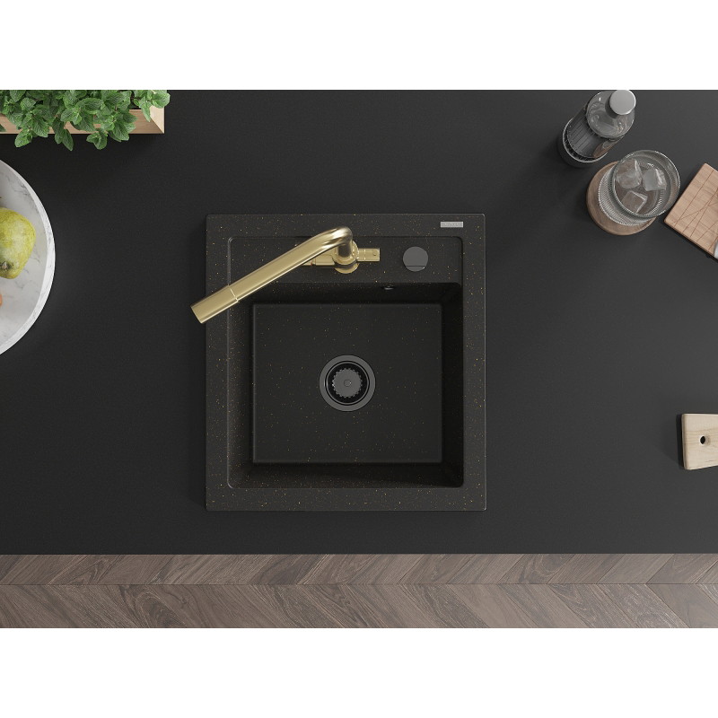 Mexen Vito granite kitchen sink 1-bowl with Duero kitchen faucet, black/gold metallic - 6503-75-671600-50-B
