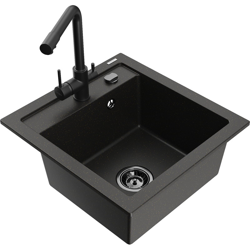 Mexen Vito 1-bowl granite sink with Duero kitchen faucet, black/gold metallic - 6503-75-671600-70-B