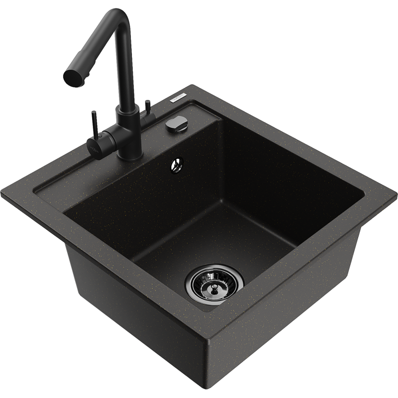 Mexen Vito 1-bowl granite sink with Duero kitchen tap, black/golden metallic - 6503-75-671600-70-B