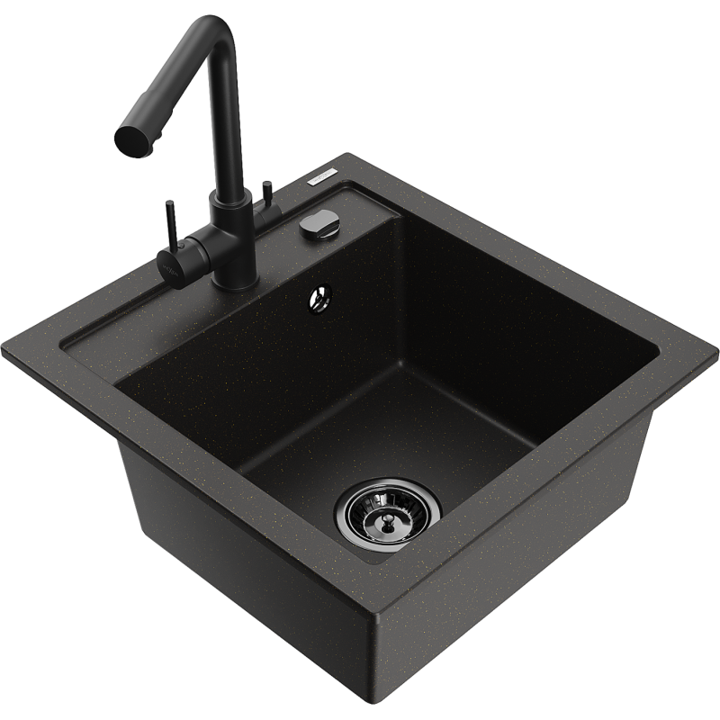 Mexen Vito 1-compartment granite sink with a kitchen mixer tap Duero, Black/Gold metallic - 6503-75-671600-70-B