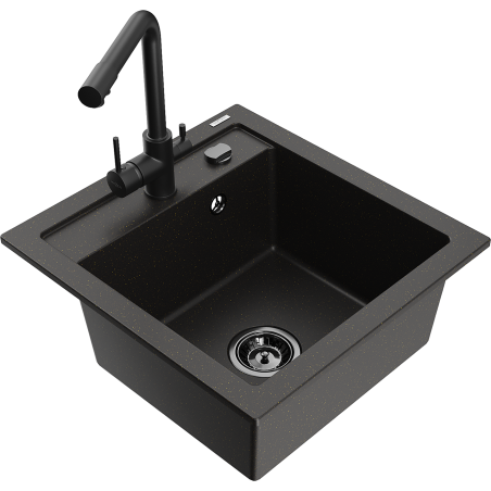 Mexen Vito 1-bowl granite sink with Duero kitchen tap, black/golden metallic - 6503-75-671600-70-B