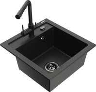 Mexen Vito 1-bowl granite sink with Duero kitchen tap, black/golden metallic - 6503-75-671600-70-B