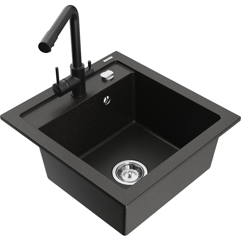 Mexen Vito 1-bowl granite sink with Duero kitchen faucet, black/gold metallic - 6503-75-671600-70