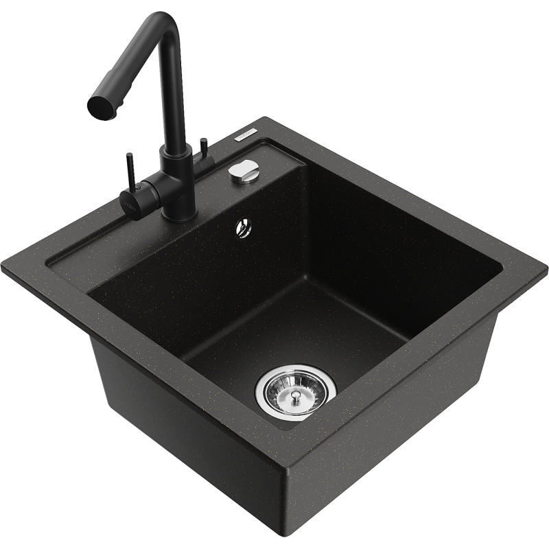 Mexen Vito 1-bowl granite sink with Duero kitchen tap, black/gold metallic - 6503-75-671600-70
