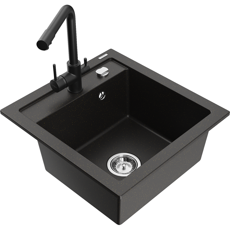 Mexen Vito 1-compartment granite sink with a kitchen mixer tap Duero, Black/Gold metallic - 6503-75-671600-70