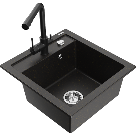 Mexen Vito 1-bowl granite sink with Duero kitchen faucet, black/gold metallic - 6503-75-671600-70