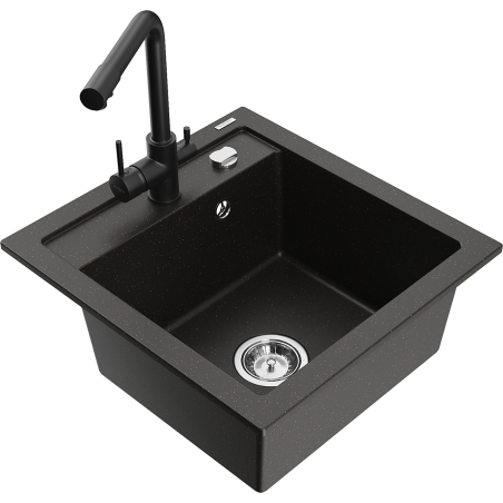 Mexen Vito 1-bowl granite sink with Duero kitchen tap, black/gold metallic - 6503-75-671600-70