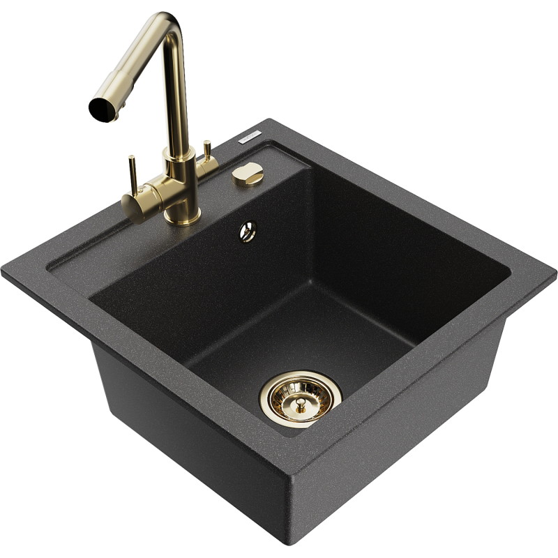 Mexen Vito granite kitchen sink 1-bowl with Duero kitchen faucet, black speckled - 6503-76-671600-50