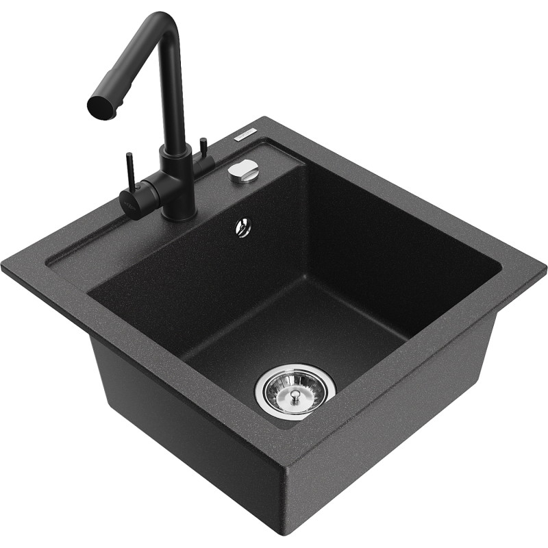 Mexen Vito 1-bowl granite sink with Duero kitchen faucet, black speckled - 6503-76-671600-70
