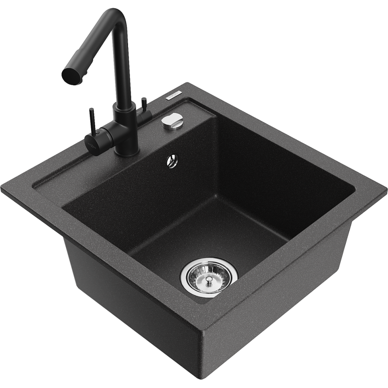 Mexen Vito granite sink 1-bowl with Duero kitchen tap, black speckled - 6503-76-671600-70