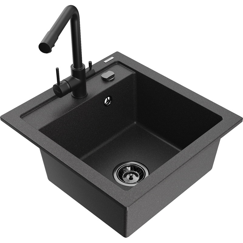 Mexen Vito 1-bowl granite sink with Duero kitchen faucet, speckled black - 6503-76-671600-70-B