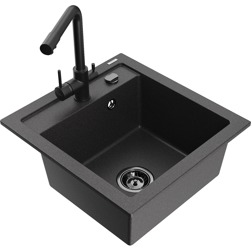 Mexen Vito granite kitchen sink 1-bowl with Duero kitchen tap, black flecked - 6503-76-671600-70-B