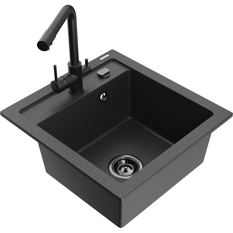 Mexen Vito granite sink 1-bowl with Duero kitchen faucet, black speckled - 6503-76-671600-70-B