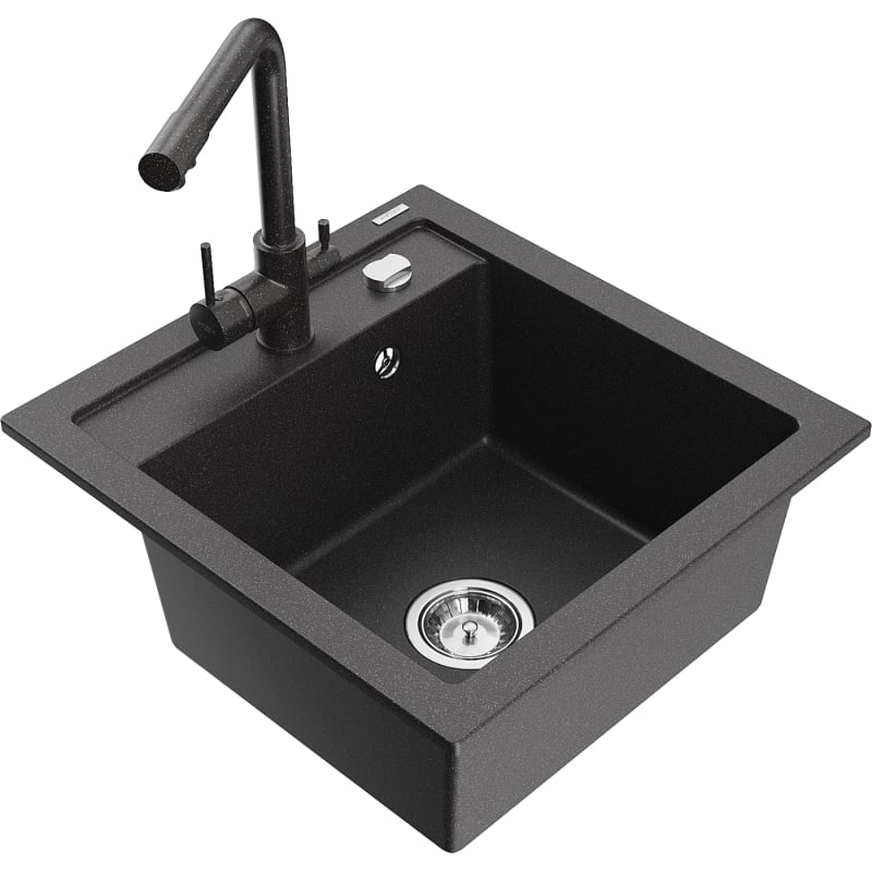 Mexen Vito 1-Bowl Granite Sink with Duero Kitchen Faucet, Black Speckled - 6503-76-671600-76