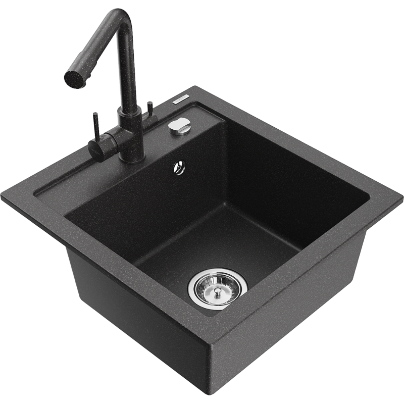 Mexen Vito 1-bowl granite sink with Duero kitchen tap, black speckled - 6503-76-671600-76