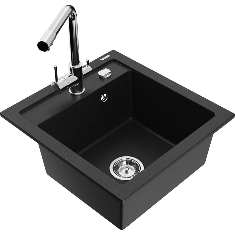 Mexen Vito 1-bowl granite sink with Duero kitchen faucet, black - 6503-77-671600-00