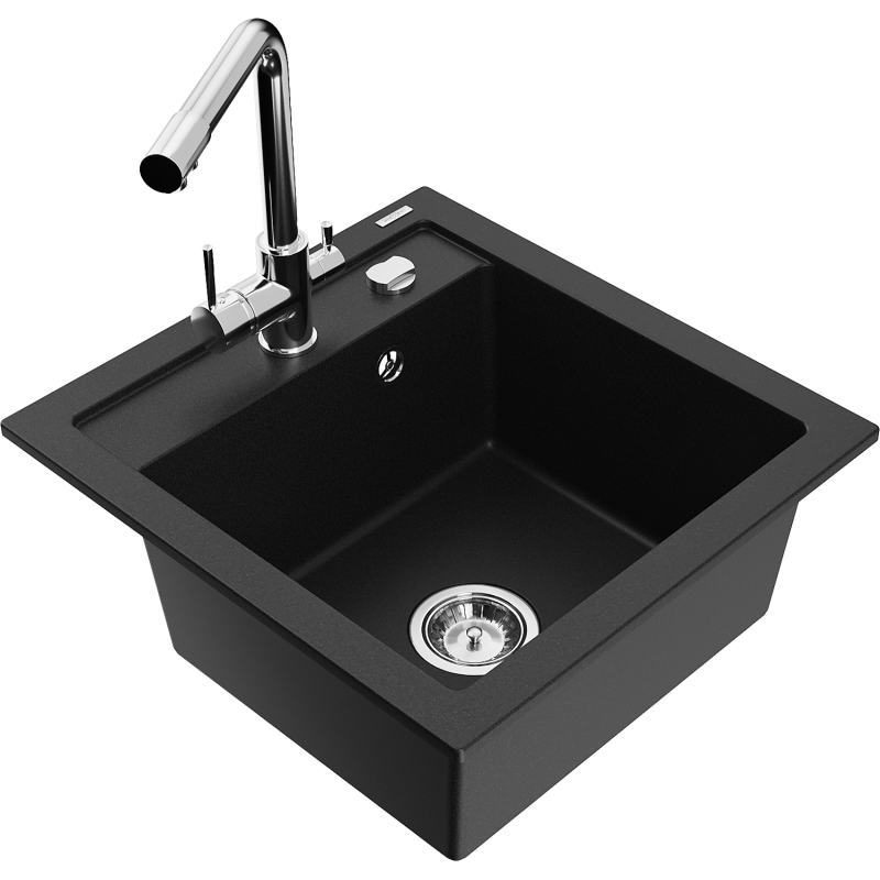 Mexen Vito 1-compartment granite sink with a kitchen mixer tap Duero, Black - 6503-77-671600-00