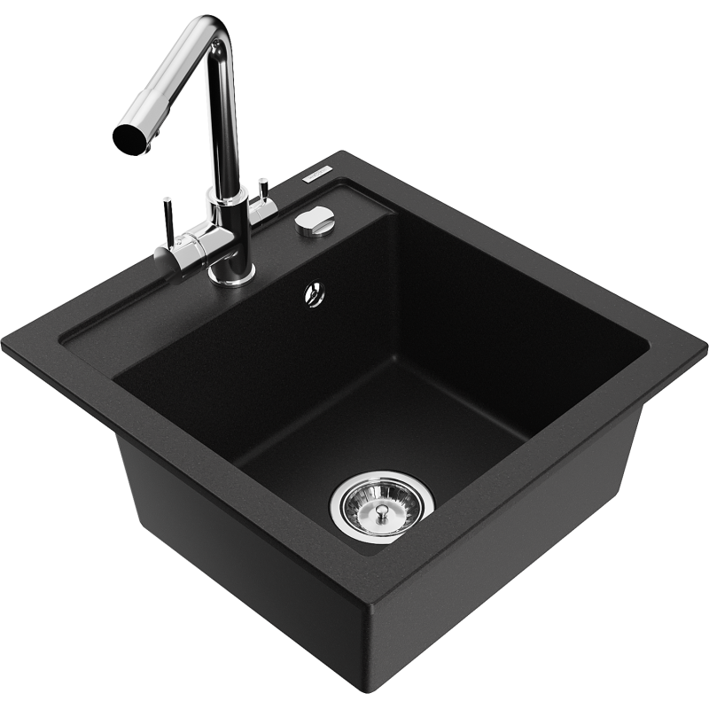 Mexen Vito granite kitchen sink single-bowl with Duero kitchen tap, black - 6503-77-671600-00
