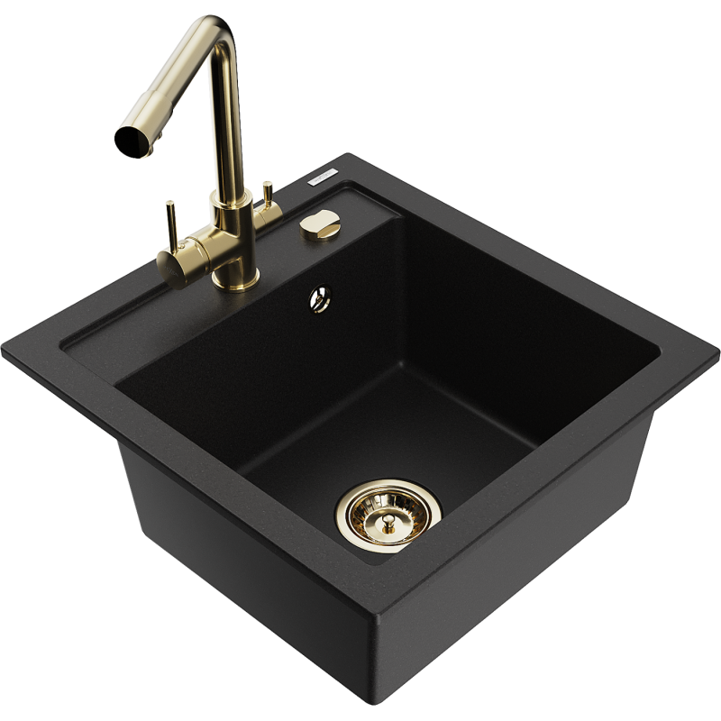 Mexen Vito 1-bowl granite sink with Duero kitchen tap, black - 6503-77-671600-50