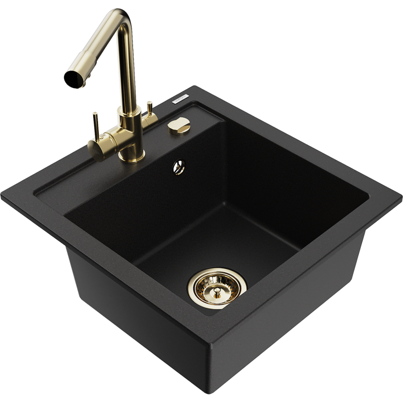 Mexen Vito 1-compartment granite sink with a kitchen mixer tap Duero, Black - 6503-77-671600-50