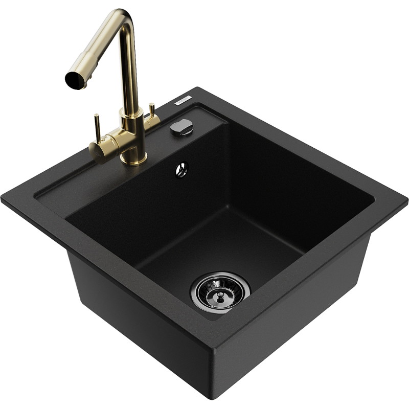 Mexen Vito 1-bowl granite sink with Duero kitchen faucet, black - 6503-77-671600-50-B