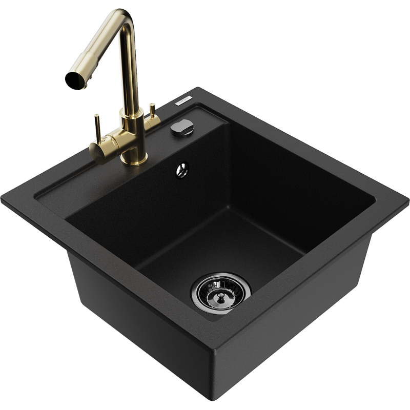 Mexen Vito 1-compartment granite sink with a kitchen mixer tap Duero, Black - 6503-77-671600-50-B