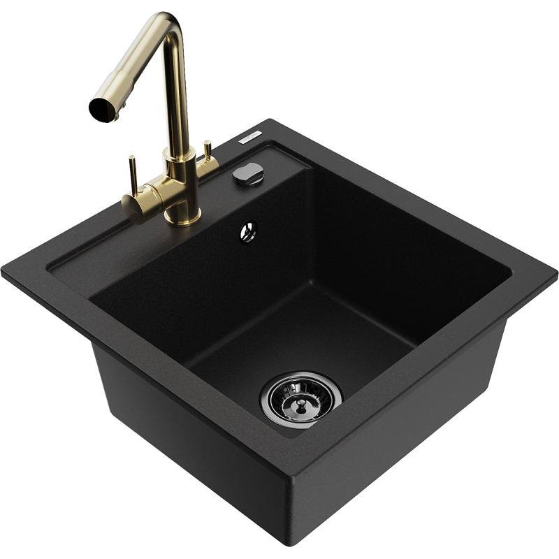 Mexen Vito granite kitchen sink 1-bowl with Duero kitchen tap, black - 6503-77-671600-50-B