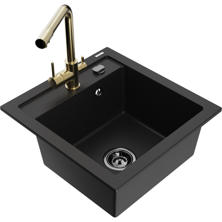 Mexen Vito granite kitchen sink 1-bowl with Duero kitchen tap, black - 6503-77-671600-50-B