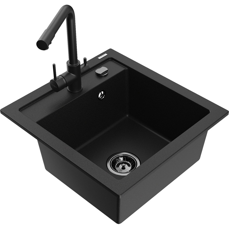 Mexen Vito granite kitchen sink 1-bowl with Duero kitchen faucet, black - 6503-77-671600-70-B