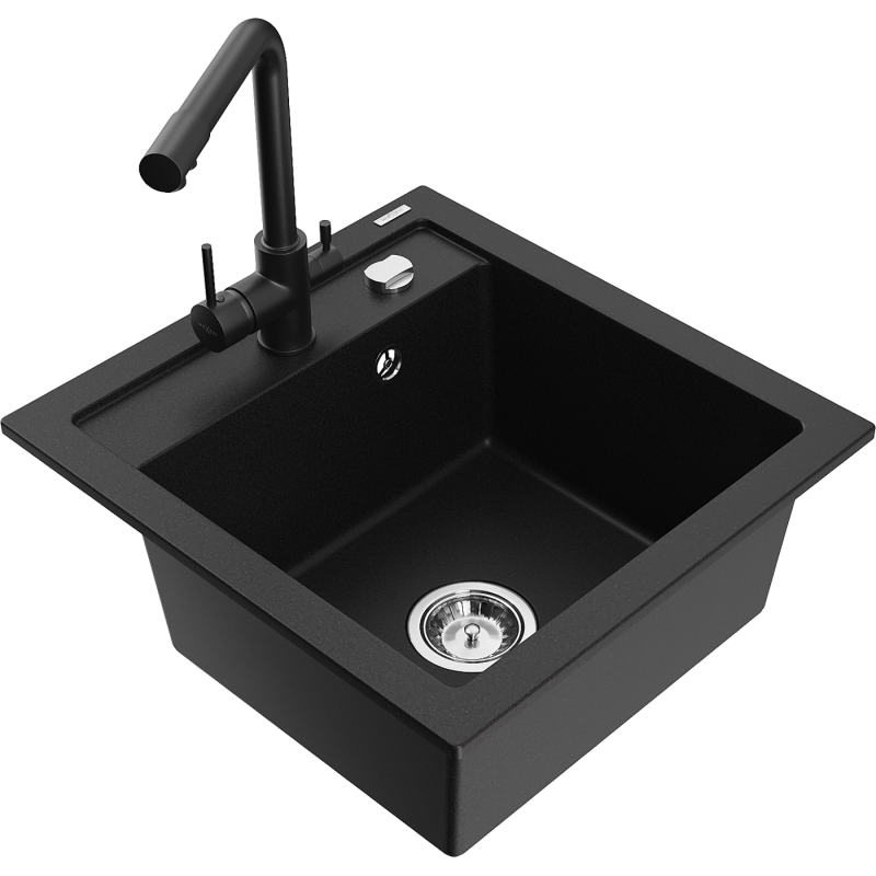 Mexen Vito 1-compartment granite sink with a kitchen mixer tap Duero, Black - 6503-77-671600-70