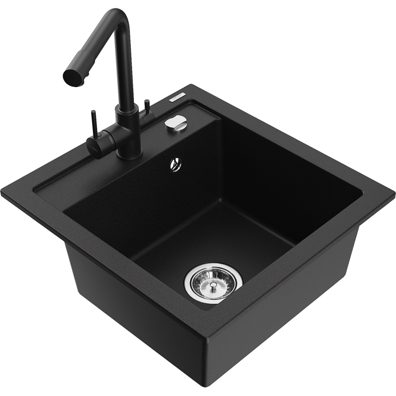 Mexen Vito granite kitchen sink with 1 bowl and Duero kitchen tap, black - 6503-77-671600-70
