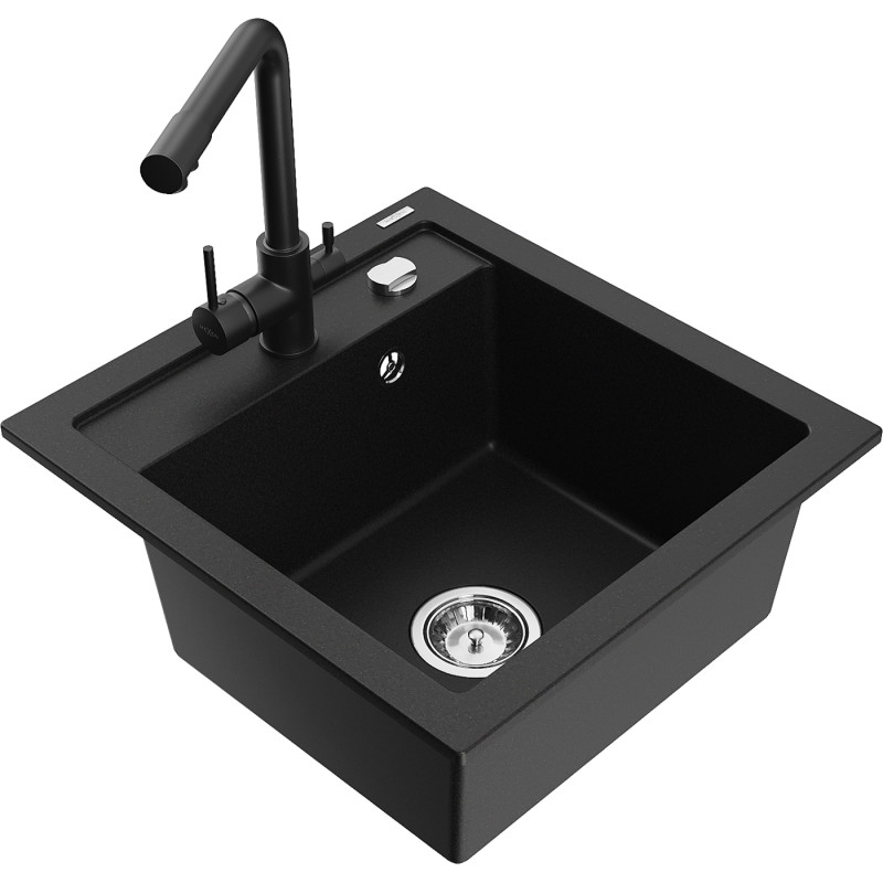 Mexen Vito single-bowl granite sink with Duero kitchen faucet, black - 6503-77-671600-70
