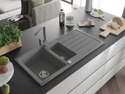 Mexen Andres 1.5-bowl granite sink with drainer and Rita kitchen faucet, gray - 6515-71-670300-71