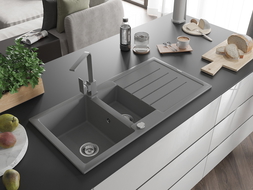 Mexen Andres granite sink 1.5-bowl with drainer and Rita kitchen tap, grey - 6515-71-670300-71