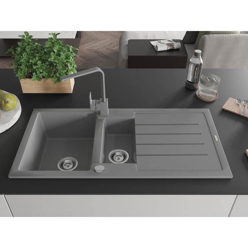 Mexen Andres 1.5-bowl granite sink with drainer and Rita kitchen faucet, gray - 6515-71-670300-71