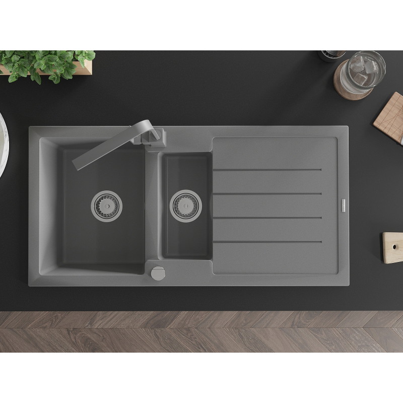 Mexen Andres granite sink 1.5-bowl with drainer and kitchen faucet Rita, gray - 6515-71-670300-71