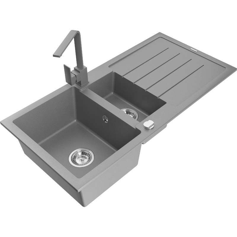Mexen Andres 1.5-bowl granite sink with drainer and Rita kitchen faucet, gray - 6515-71-670300-71