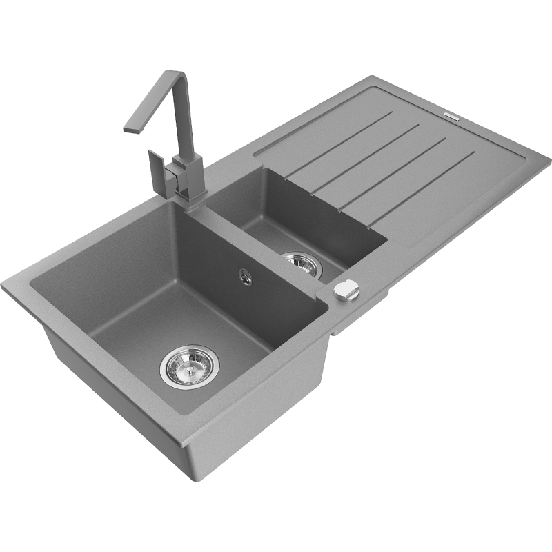 Mexen Andres granite sink 1.5-bowl with drainer and Rita kitchen tap, grey - 6515-71-670300-71