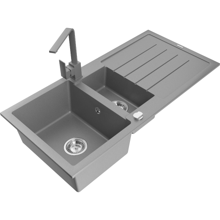 Mexen Andres granite sink 1.5-bowl with drainer and Rita kitchen tap, grey - 6515-71-670300-71