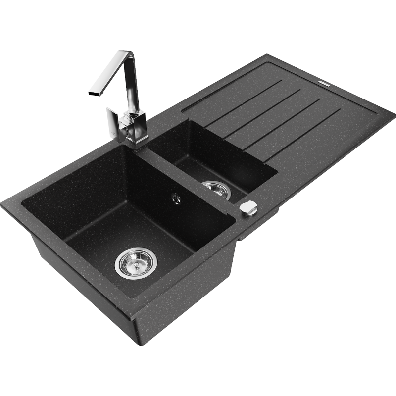 Mexen Andres 1.5-compartment granite sink with a drip tray and kitchen mixer tap Rita, Black/Silver metallic - 6515-73-670300-00