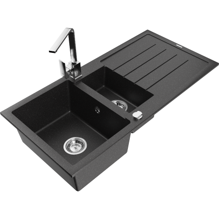 Mexen Andres granite 1.5-bowl sink with drainer and Rita kitchen faucet, black/silver metallic - 6515-73-670300-00