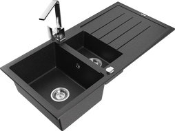 Mexen Andres 1.5-bowl granite sink with drainer and Rita kitchen faucet, black/silver metallic - 6515-73-670300-00