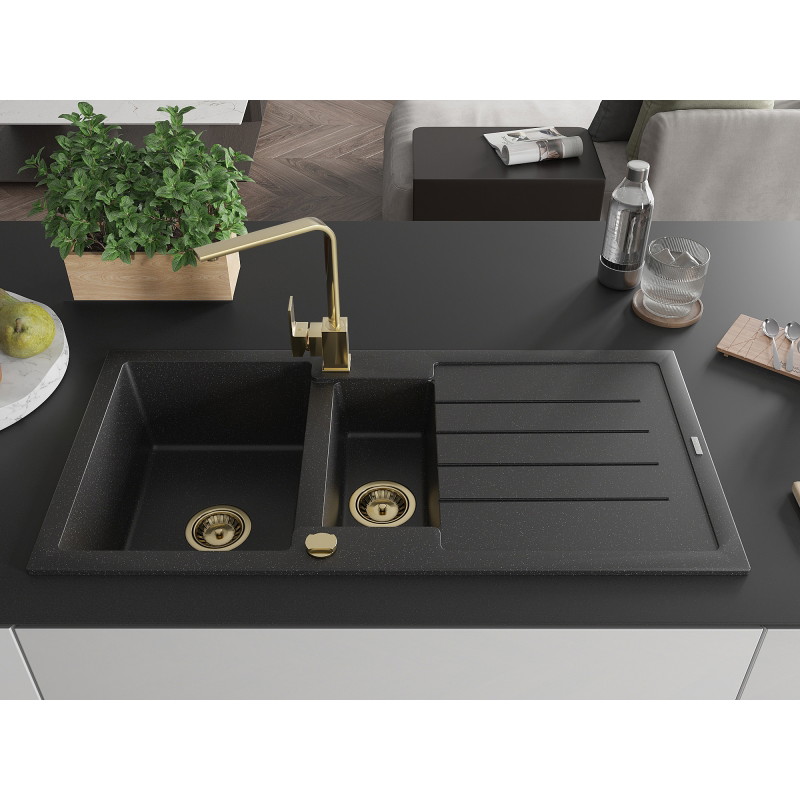 Mexen Andres granite sink 1.5-bowl with drainer and Rita kitchen faucet, black/silver metallic - 6515-73-670300-50
