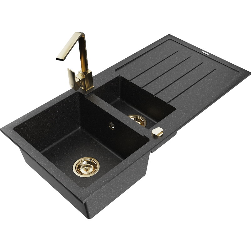 Mexen Andres granite sink 1.5-bowl with drainer and Rita kitchen faucet, black/silver metallic - 6515-73-670300-50
