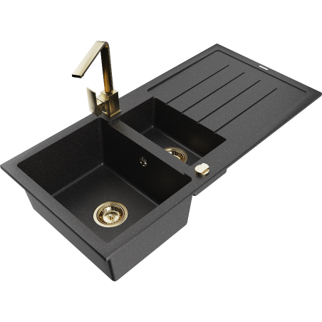 Mexen Andres granite sink 1.5-bowl with drainer and Rita kitchen faucet, black/silver metallic - 6515-73-670300-50