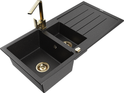 Mexen Andres granite sink 1.5-bowl with drainer and Rita kitchen faucet, black/silver metallic - 6515-73-670300-50