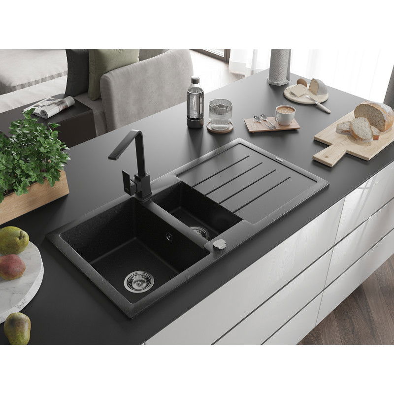 Mexen Andres granite sink 1.5-bowl with drainer and Rita kitchen tap, black/silver metallic - 6515-73-670300-70
